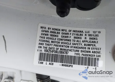 2020 Honda Insight Ex из США, поврежденный, VIN 19XZE4F59LE004787